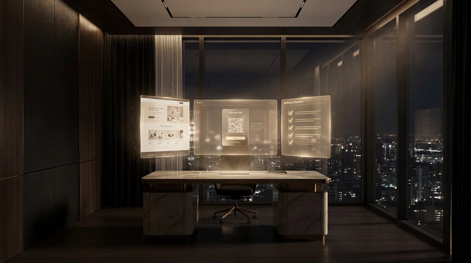 Your private launch studio: sales page, payment QR, and delivery checklist floating above one desk