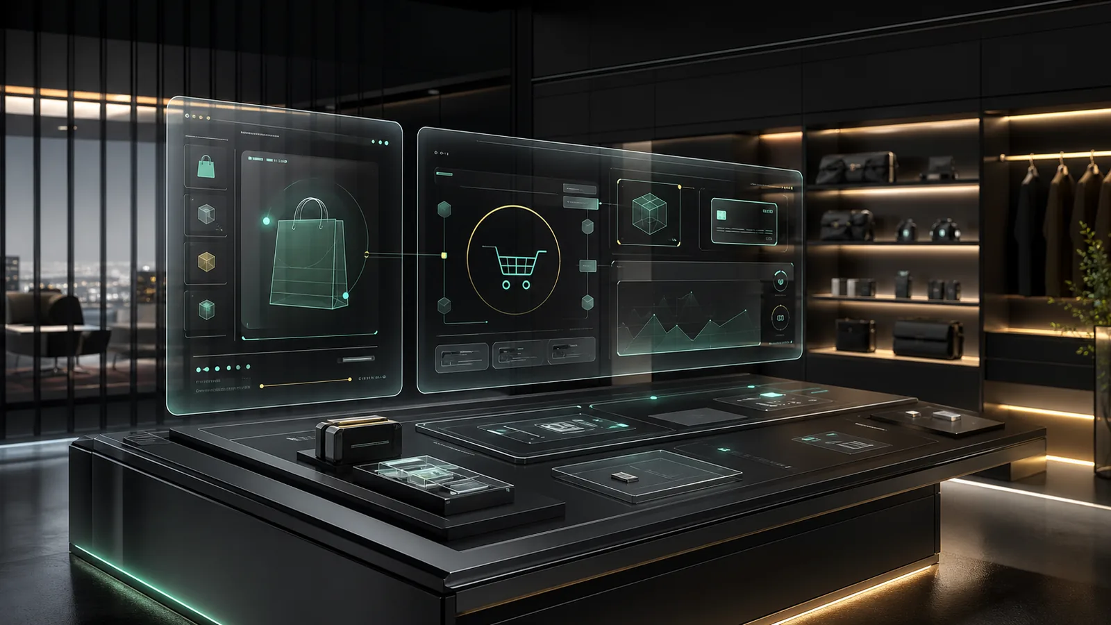 Premium spatial commerce command room with floating proof panels