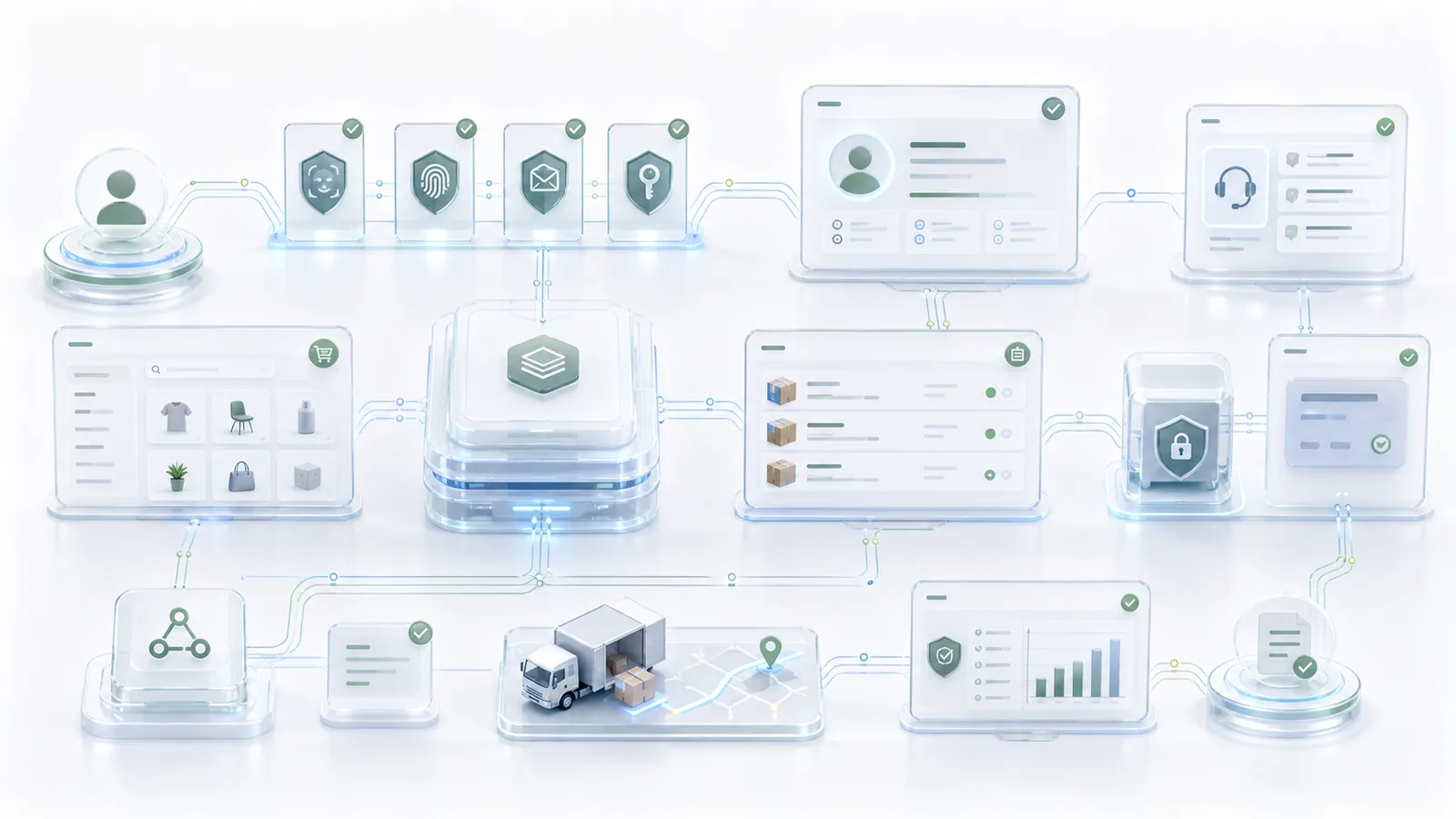 White 3D commerce authority circuit connecting identity, support, catalog, order, payment, delivery, and audit