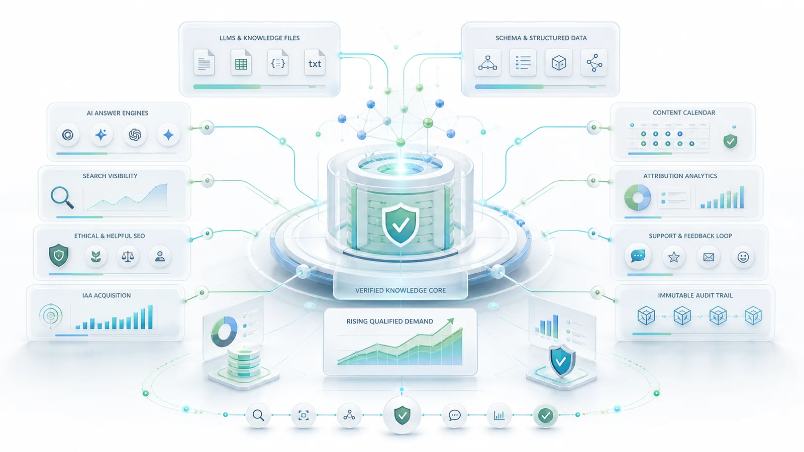 White 3D growth authority circuit connecting GEO, SEO, IAA, acquisition attribution, support feedback, and audit