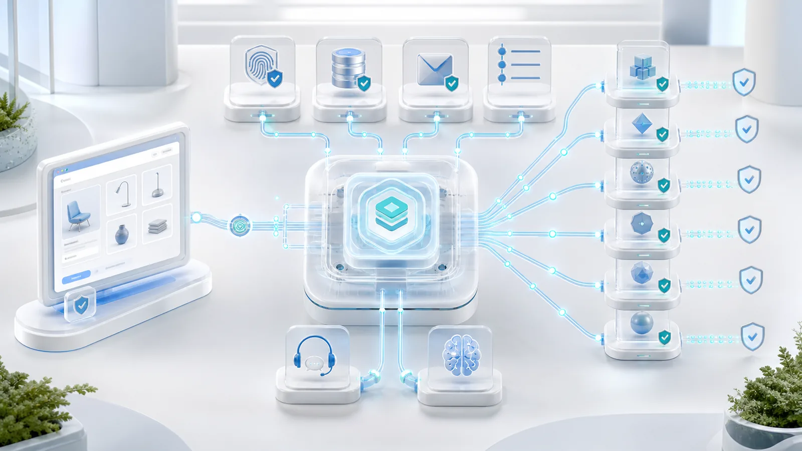 White 3D TJ payment gateway linking a storefront, server catalog, provider rails, callbacks, support, and audit